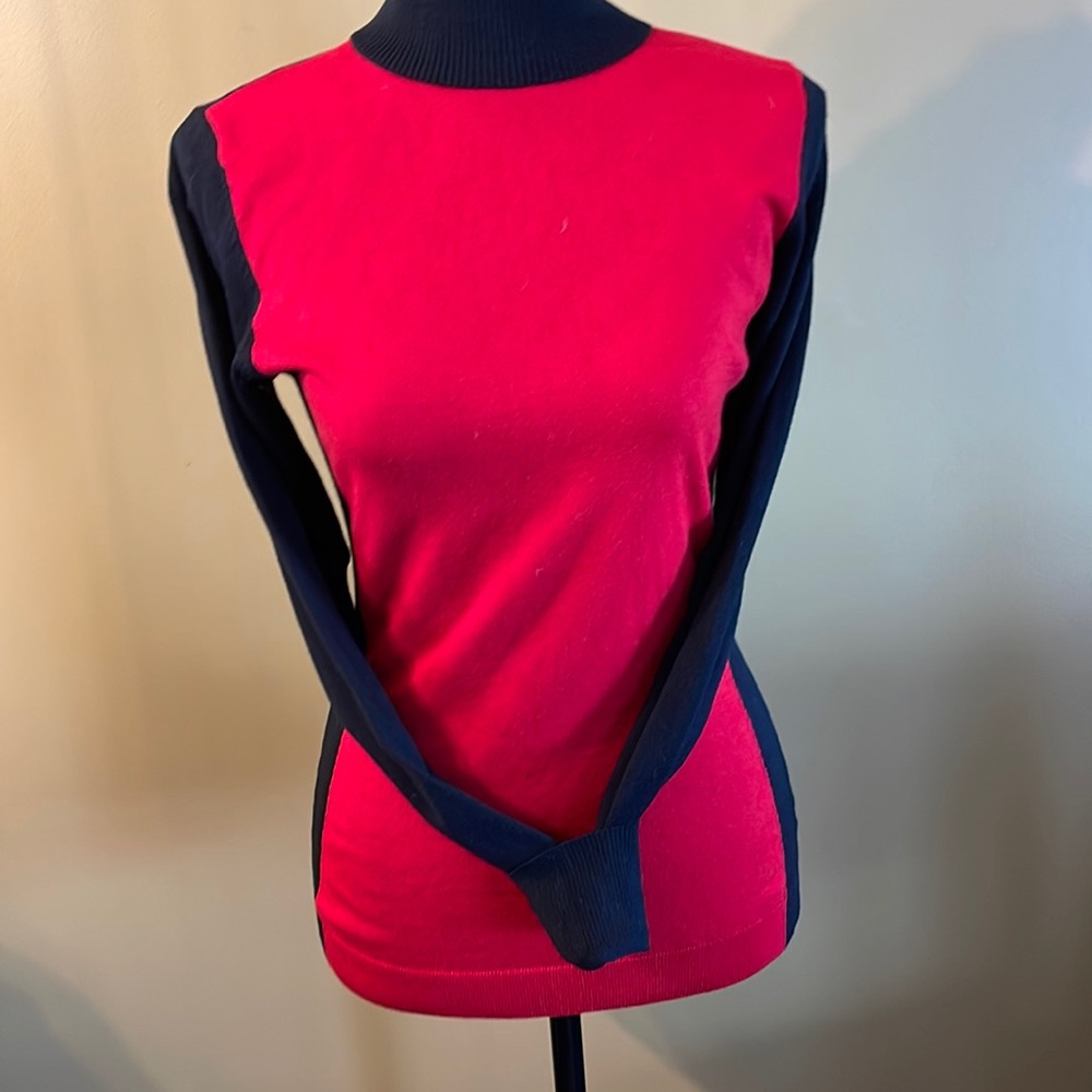 Red and black color block turtle neck sweater